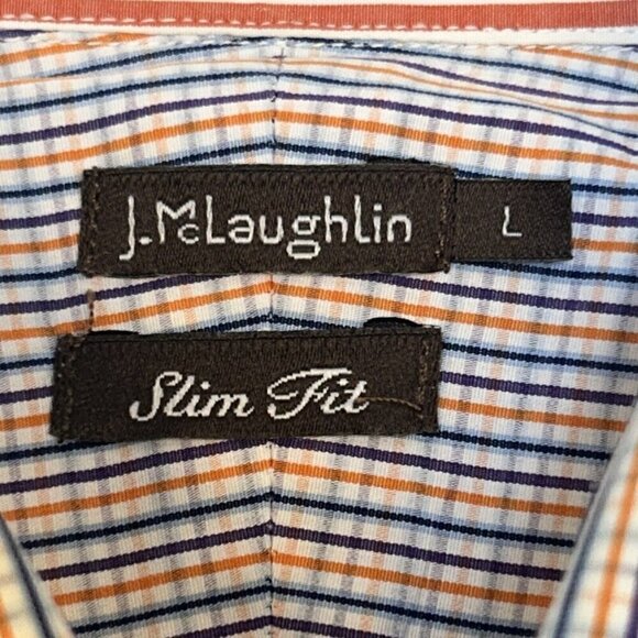 J.McLaughlin Shirt Mens Large Slim Fit Button Up Plaid Blue Orange 100% Cotton - Picture 4 of 13